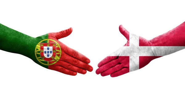 Handdruk Tussen Denemarken Portugal Vlaggen Handen Geschilderd Geïsoleerd Transparant Beeld — Stockfoto