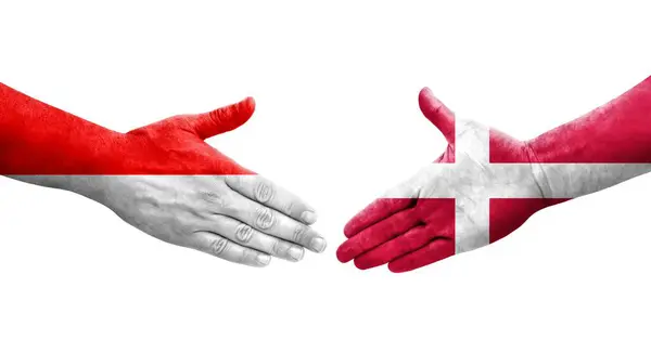 Poignée Main Entre Danemark Indonésie Drapeaux Peints Sur Les Mains — Photo