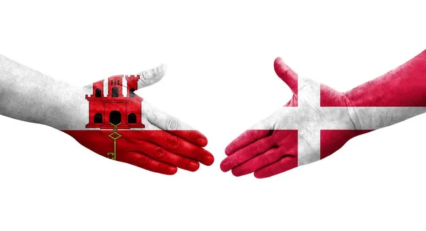 丹麦和直布罗陀之间握手 手绘国旗 孤立透明的图像 — 图库照片