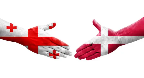 Apretón Manos Entre Dinamarca Georgia Banderas Pintadas Las Manos Imagen —  Fotos de Stock