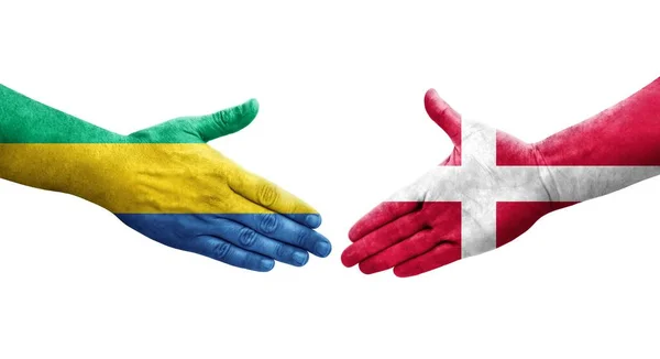 丹麦和加蓬之间握手 手绘国旗 孤立透明的形象 — 图库照片