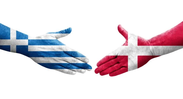 Saludo Entre Dinamarca Grecia Banderas Pintadas Las Manos Imagen Transparente —  Fotos de Stock
