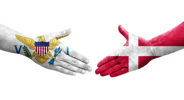 Kézfogás Dánia Virgin Szigetek Között Kézre Festett Zászlók Elszigetelt Átlátszó — Stock Fotó