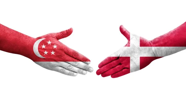 丹麦和新加坡之间的握手手绘国旗 孤立透明的形象 — 图库照片
