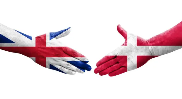 Apretón Manos Entre Dinamarca Gran Bretaña Banderas Pintadas Las Manos — Foto de Stock