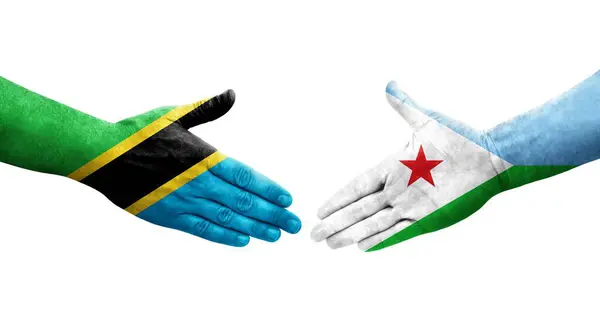 Apretón Manos Entre Djibouti Tanzania Banderas Pintadas Las Manos Imagen —  Fotos de Stock