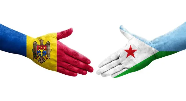 Aperto Mão Entre Jibuti Bandeiras Moldávia Pintadas Mãos Imagem Transparente — Fotografia de Stock