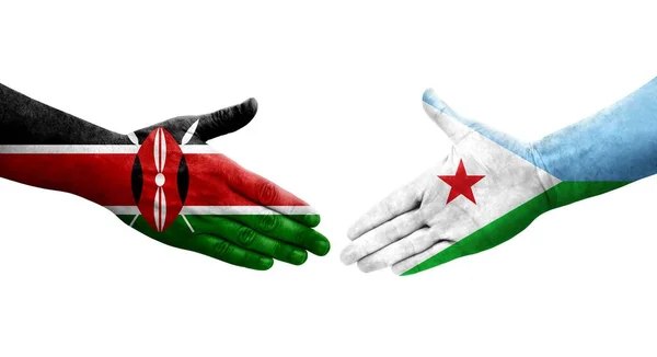 Poignée Main Entre Djibouti Kenya Drapeaux Peints Sur Les Mains — Photo