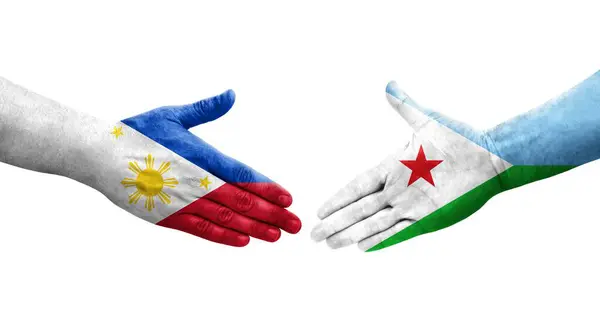 Uścisk Dłoni Między Dżibuti Filipin Flagi Malowane Rękach Odizolowany Przezroczysty — Zdjęcie stockowe