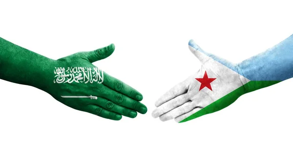 Handshake Djibouti Saudi Arabia Flags Painted Hands Isolated Transparent Image — Stock Photo, Image