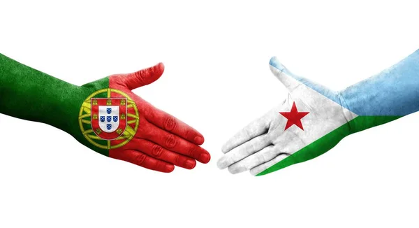 Händedruck Zwischen Dschibutischen Und Portugiesischen Flaggen Auf Hände Gemalt Isoliertes — Stockfoto