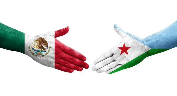Χειραψία Μεταξύ Τζιμπουτί Και Του Μεξικού Σημαίες Ζωγραφισμένα Στα Χέρια — Φωτογραφία Αρχείου