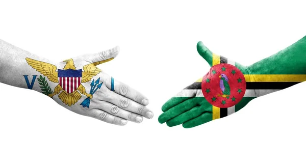 Händedruck Zwischen Flaggen Dominicas Und Der Jungferninseln Auf Hände Gemalt — Stockfoto