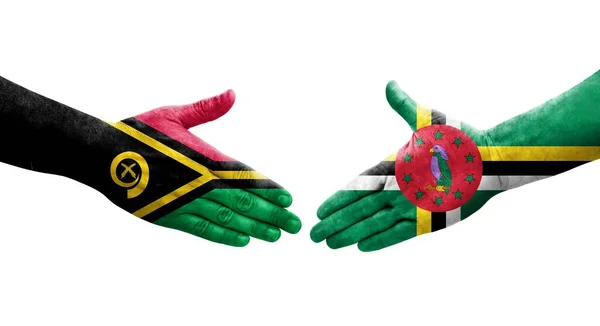 Aperto Mão Entre Bandeiras Dominica Vanuatu Pintadas Mãos Imagem Transparente — Fotografia de Stock