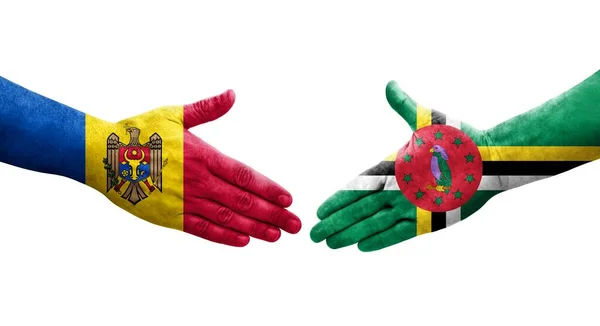 Handdruk Tussen Dominica Moldavië Vlaggen Geschilderd Handen Geïsoleerd Transparant Beeld — Stockfoto