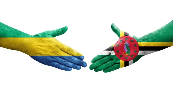 Aperto Mão Entre Bandeiras Dominica Gabão Pintadas Mãos Imagem Transparente — Fotografia de Stock