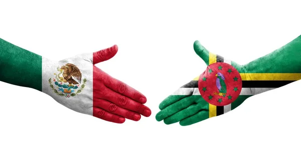 Χειραψία Μεταξύ Dominica Και Μεξικό Σημαίες Ζωγραφισμένα Στα Χέρια Απομονωμένη — Φωτογραφία Αρχείου