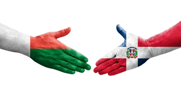 Χειραψία Μεταξύ Δομινικανής Δημοκρατίας Και Μαδαγασκάρης Σημαίες Ζωγραφισμένα Στα Χέρια — Φωτογραφία Αρχείου