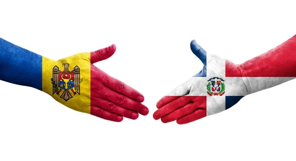 Рукопожатие Между Флагом Доминиканской Республики Флагом Молдовы Нарисованное Руках Изолированное — стоковое фото