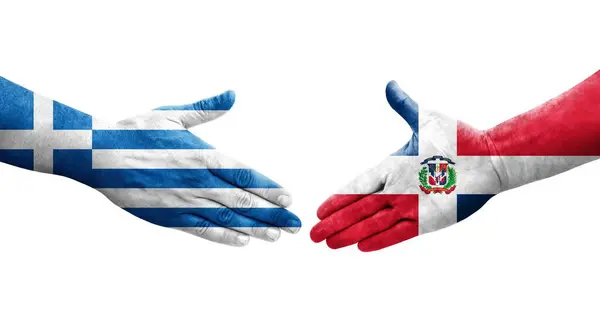 Aperto Mão Entre República Dominicana Grécia Bandeiras Pintadas Mãos Imagem — Fotografia de Stock