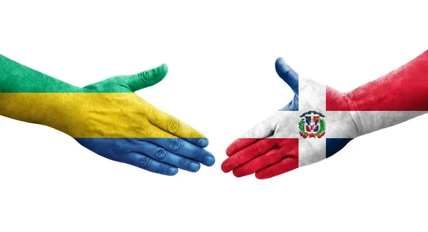 Apretón Manos Entre República Dominicana Gabón Banderas Pintadas Las Manos — Foto de Stock