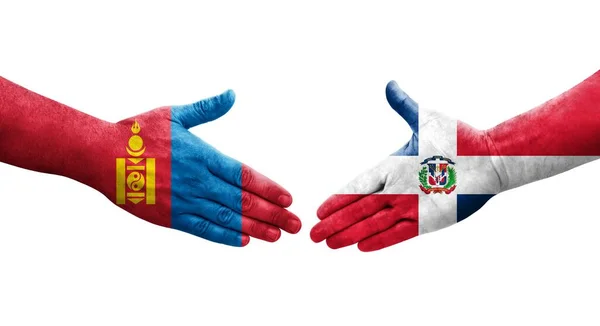 Aperto Mão Entre República Dominicana Bandeiras Mongólia Pintadas Mãos Imagem — Fotografia de Stock