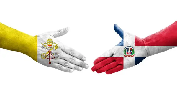Рукостискання Між Домініканською Республікою Прапорами Святого Престолу Намальовані Руках Ізольоване — стокове фото