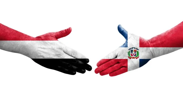 Aperto Mão Entre República Dominicana Bandeiras Iêmen Pintadas Mãos Imagem — Fotografia de Stock