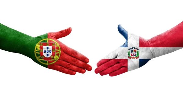 Saludo Entre Banderas República Dominicana Portugal Pintadas Las Manos Imagen — Foto de Stock