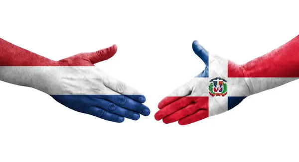 Aperto Mão Entre República Dominicana Bandeiras Holandesas Pintadas Mãos Imagem — Fotografia de Stock