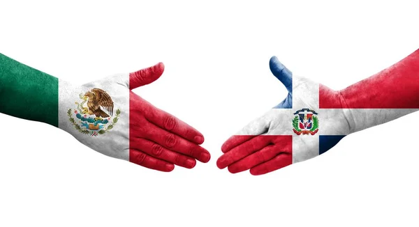 Händedruck Zwischen Flaggen Der Dominikanischen Republik Und Mexikos Auf Hände — Stockfoto