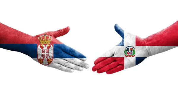 Händedruck Zwischen Flaggen Der Dominikanischen Republik Und Serbiens Auf Hände — Stockfoto