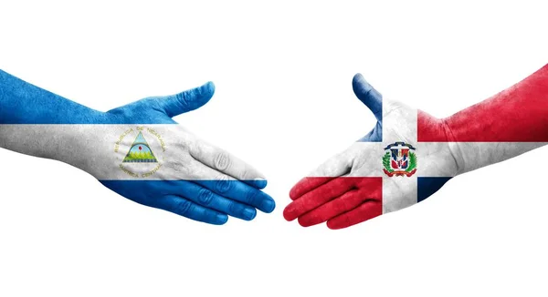 Batido Manos Entre Banderas República Dominicana Nicaragua Pintadas Las Manos — Foto de Stock