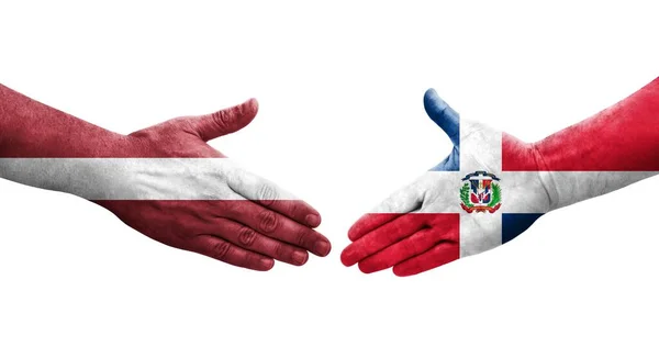 Aperto Mão Entre República Dominicana Letónia Bandeiras Pintadas Mãos Imagem — Fotografia de Stock