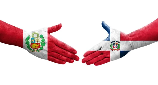 Aperto Mão Entre República Dominicana Bandeiras Peru Pintadas Mãos Imagem — Fotografia de Stock