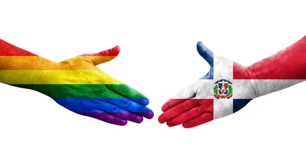 Aperto Mão Entre República Dominicana Bandeiras Lgbt Pintadas Mãos Imagem — Fotografia de Stock