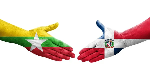 Aperto Mão Entre República Dominicana Mianmar Bandeiras Pintadas Mãos Imagem — Fotografia de Stock
