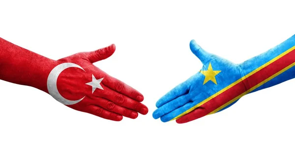 Χειραψία Μεταξύ Κονγκό Και Τουρκίας Σημαίες Ζωγραφισμένες Στα Χέρια Απομονωμένη — Φωτογραφία Αρχείου