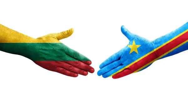 stock image Handshake between Dr Congo and Lithuania flags painted on hands, isolated transparent image.