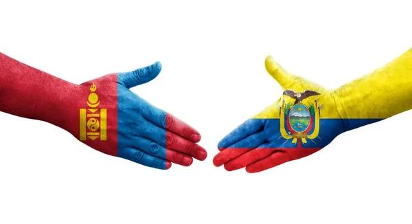 Handslag Mellan Ecuador Och Mongoliet Flaggor Målade Händer Isolerad Transparent — Stockfoto