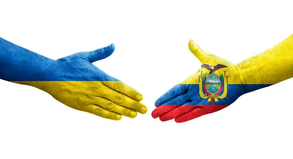 Uścisk Dłoni Między Ekwadorem Ukrainą Flagi Malowane Rękach Odizolowany Przezroczysty — Zdjęcie stockowe