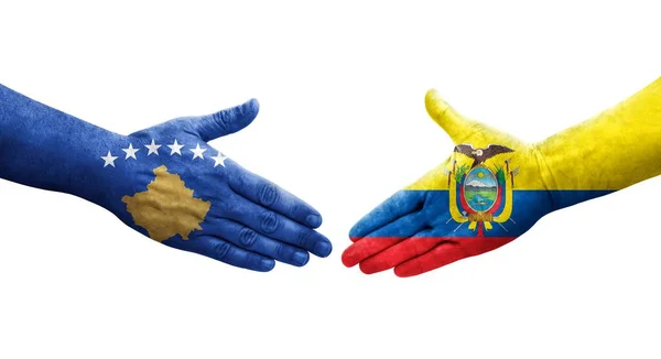 Handdruk Tussen Ecuador Kosovo Vlaggen Handen Geschilderd Geïsoleerd Transparant Beeld — Stockfoto