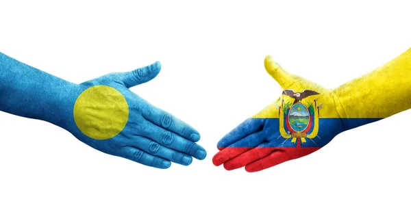 Poignée Main Entre Les Drapeaux Équatoriens Palaos Peints Sur Les — Photo