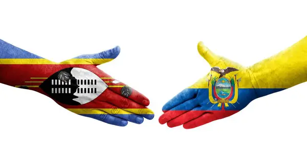 Handslag Mellan Ecuador Och Eswatini Flaggor Målade Händer Isolerad Transparent — Stockfoto