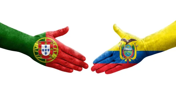 Χειραψία Μεταξύ Εκουαδόρ Και Της Πορτογαλίας Σημαίες Ζωγραφισμένα Στα Χέρια — Φωτογραφία Αρχείου