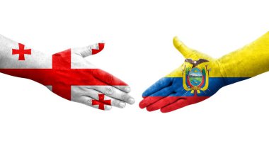 Ekvador ve Gürcistan bayrakları arasındaki el sıkışma ellerinde resmedilmiş şeffaf görüntü.