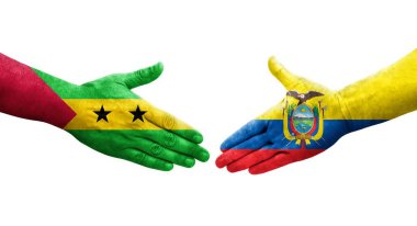 Ekvador ve Sao Tome ve Principe bayrakları arasındaki el sıkışma, izole şeffaf görüntü.