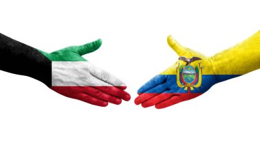 Ekvador ve Kuveyt bayrakları arasındaki tokalaşma elleri boyalı, izole şeffaf görüntü.