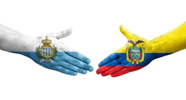 Ekvador ve San Marino bayrakları arasındaki el sıkışma ellerinde izole şeffaf görüntü.