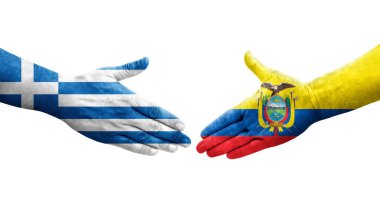 Ekvador ile Yunanistan arasındaki el sıkışma ellerinde boyanmış bayraklar, izole şeffaf görüntü.
